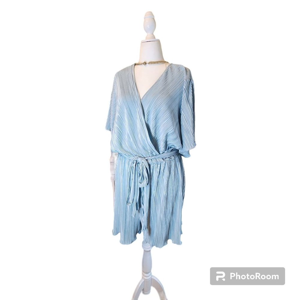 #057e. NWT Robin Blue One-Piece Plisse Shorts Romper/Jumpsuit with Tie Belt Wais